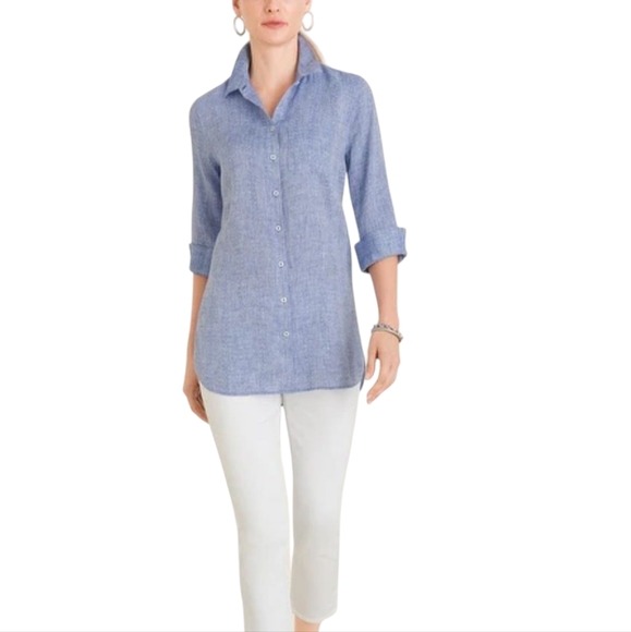 Chico's Tops - CHICO'S Blue 100% Linen No Iron 3/4‎ Sleeve Button-Up Blouse Women's 0 | U.S. 4